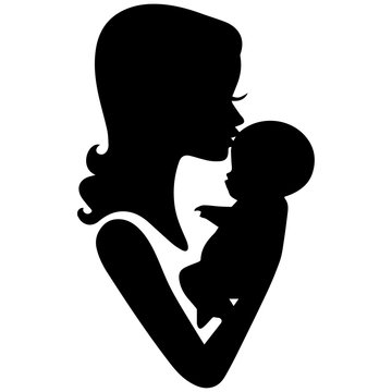 silhouette of mother kissing baby black on a white background
