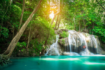 Waterfall in Tropical forest at Erawan National Park, Thailand  