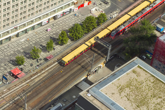 Aerial view of the S-Bahn tracks rapid train and tram train at the Alexanderplatz public square in Berlin