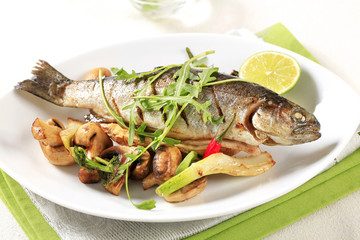 Grilled trout with mushrooms