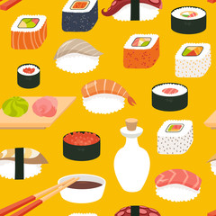 Sushi vector seamless pattern, cartoon style. Hand draw japanese food objects. Wallpaper with soy sauce and sushi roll icon. Colorfull food backdrop