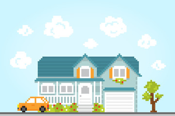 Pixel art style retro game city location house vector illustration