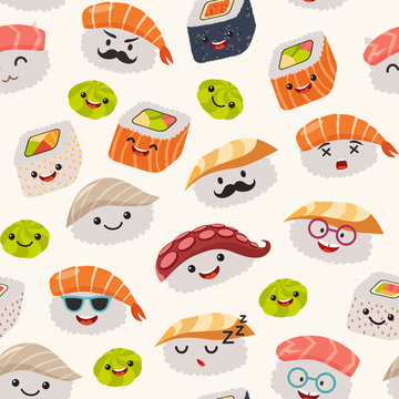 Sushi emoji seamless pattern, cartoon style. Emoticon kawaii character. Hand draw cute japanese food objects. Wallpaper with facial food icon. Colorful vector backdrop