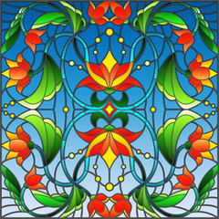 Fototapeta na wymiar Illustration in stained glass style with abstract swirls,flowers and leaves on a blue background
