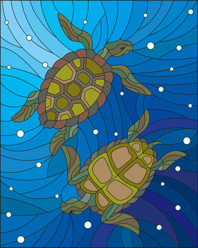 Illustration in the style of stained glass with two turtles on the background of water and air bubbles