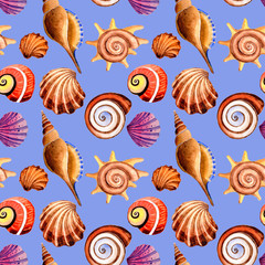 Watercolor summer beach seashell tropical elements pattern, underwater creatures.