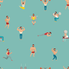 Fototapeta premium Sport and gym vector pattern. Hand draw backdrop with muscular, bearded mans illustration. Cartoon seamless background. Wallpaper with fitness models, posing, bodybuilding