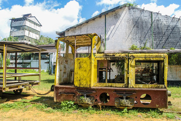 Old train engine at former sugarcane factory at Marienburg plantation in Suriname