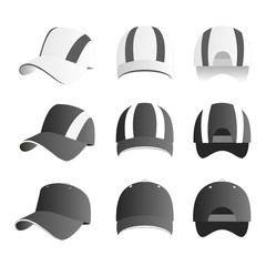 Strip baseball cap grey color with colored mesh and adjustable rubber strap isolated vector set