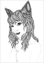 Fototapeta premium Cat girl hand drawn vector dot work