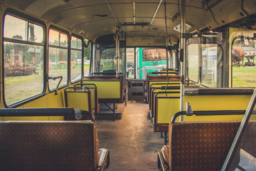 Old time bus cabin with old leather seats