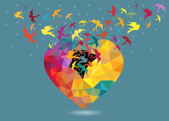 colorful bird flying out from triangle heart. freedom concept abstract blue background. geometric pattern. vector illustration.