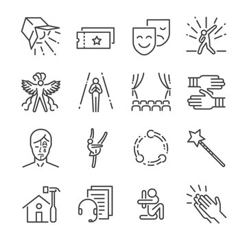 Performance line icon set. Included the icons as mask, mime, stage, concert and more.