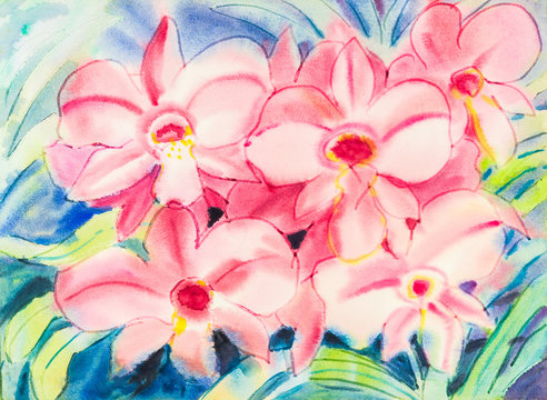 Abstract watercolor original painting purple,pink color of orchid  flowers  and green leaves