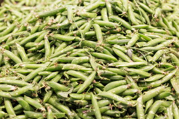 Green pea pods at market as a background. Selective focus