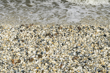 Landscape with sea view, waves and sea shells, clouds, photographed in Gura Portiţei, Romania, in cloudy spring day