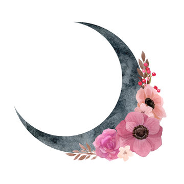 Crescent moon with flower composition. Trendy Bohemian style watercolor illustration with pink anemones, rose and berries. Tribal vibes print