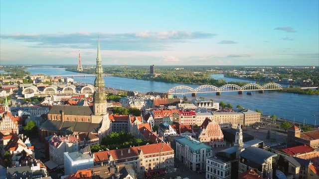 Panoramic Aerial View of the Old Town of Riga from Above, Beautiful Aerial Riga Sunset View, Latvia