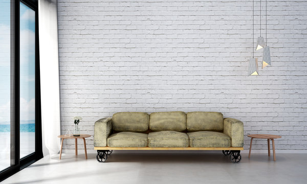 The interior design of minimal living room and white brick wall texture
