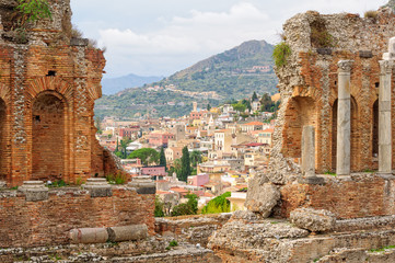 Old town as seen from the stands of Teatro Greco - Taormina, Sicily, Italy