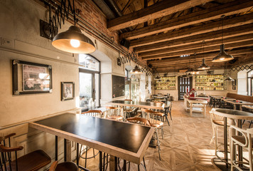 Woden decorated interior of caffee restaurant