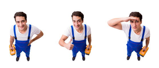 The funny repairman with tools isolated on white