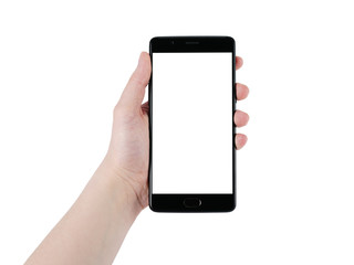 female teen hand holding smartphone with blank screen isolated on white background