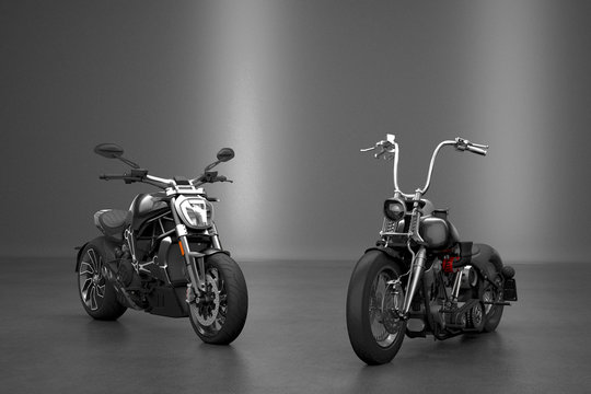 Old and New motorbikes on dark background