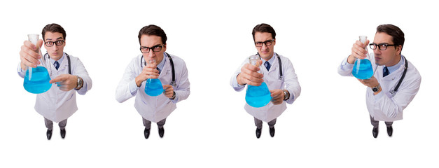Funny doctor with blue liquid isolated on white