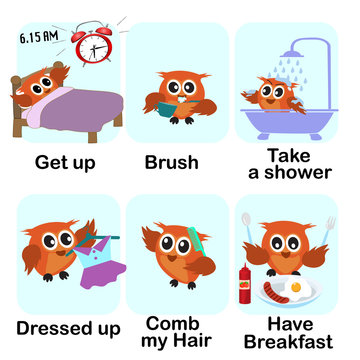 verb word background for preschool.morning set (get up brush take a shower dressed up comb my hair have breakfast).vector illustration.