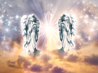 two angels archangels, with divine rays of light over mystical sky with stars 