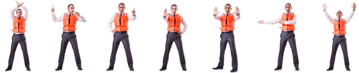 Businessman with rescue safety vest on white