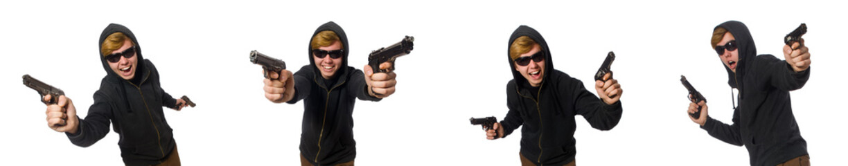 Aggressive man with gun isolated on white