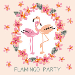 Pink tropical birds flamingo in the romantic wreath of plumeria flowers. Vector card template.