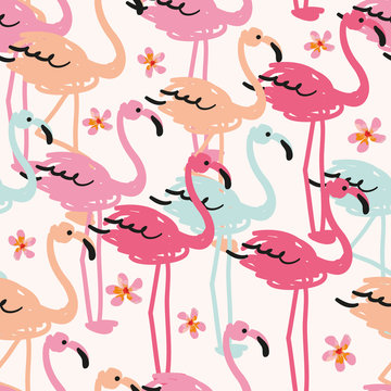 The flock of flamingos on the white background with small plumeria flowers. Vector seamless pattern. Tropical illustration.