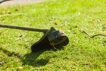 Mower brushcutter on green grass