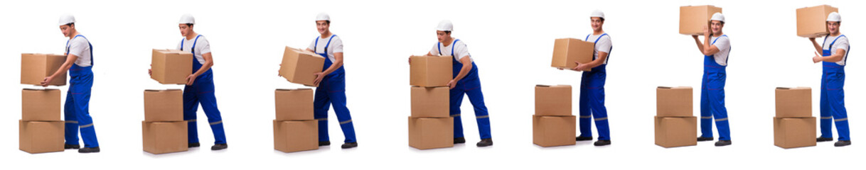 Man delivering box isolated on white