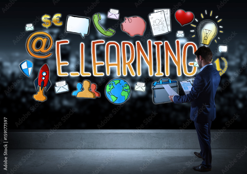 Wall mural businessman watching e-learning sketch on a rooftop 3d rendering