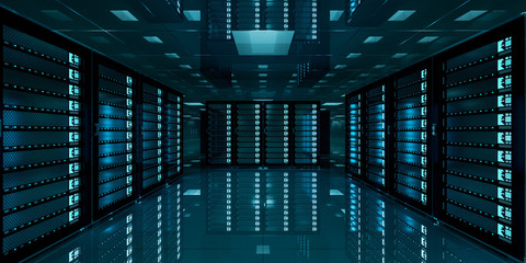 Dark server room data center storage 3D rendering - obrazy, fototapety, plakaty