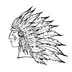 Native Indian in war bonnet black and white sketch.