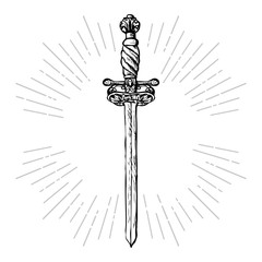 Ornate sword. Hand drawn saber and rays vintage elements in hipster style.