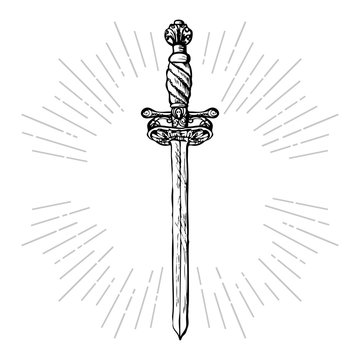 Naklejki Ornate sword. Hand drawn saber and rays vintage elements in hipster style.