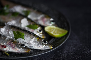 Fresh raw fish on wooden board. Background. From above