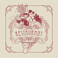 Vector restaurant menu with a picture of a hand with a tray on which is a still life with two glasses of wine, bottle and fruits in a Baroque style with a curly frame.