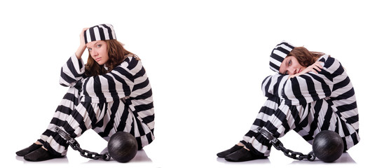 Fototapeta na wymiar Prisoner in striped uniform on white