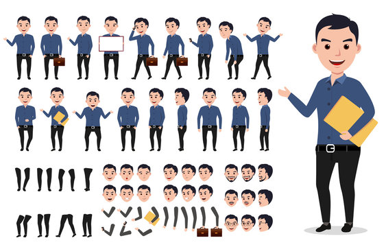 Businessman or male vector character creation set. Professional man holding folder with poses, gestures and emotions isolated in white. Vector illustration.

