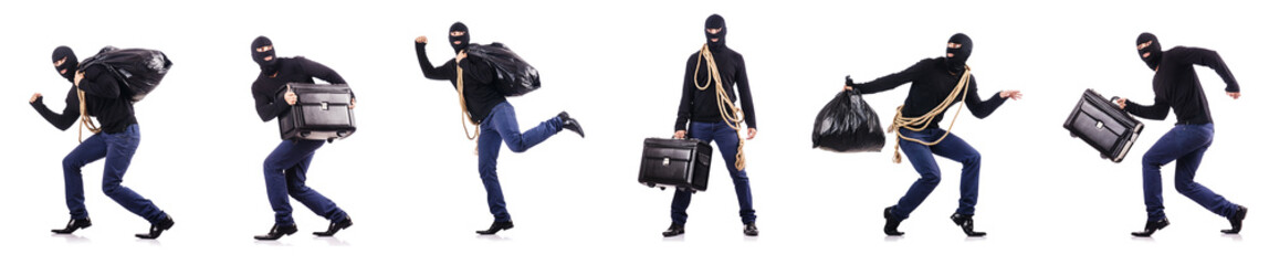 Burglar wearing balaclava isolated on white - obrazy, fototapety, plakaty