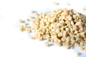 beautiful natural yellow stone scattered on a white background