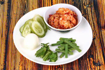 Fresh shrimp chili dip served with side dish.