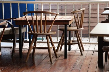 Wood table and chairs at restaurant